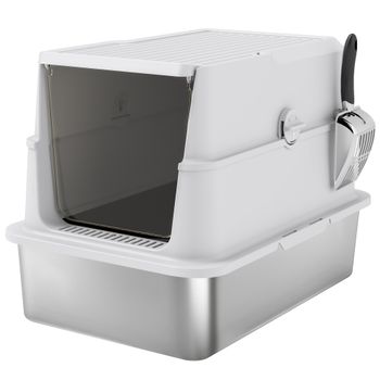 PawHut Bandeja de Arena para Gatos, Acero Inoxidable, Interior XL, con Pala, Gris Claro