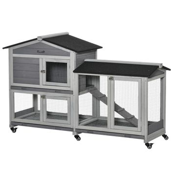 PawHut Conejera de Madera 157,4x53x99,5 cm con Ruedas Techo Asfáltico Gris