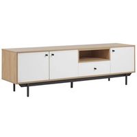 mueble tv color madera clara y blanco 163 madera sintetica con cajones gabinetes estantes gestion de cables itaca