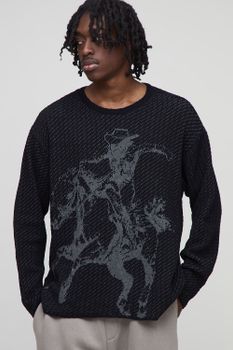 Oversized Long Sleeve Textured Western Knitted T-Shirt, Negro