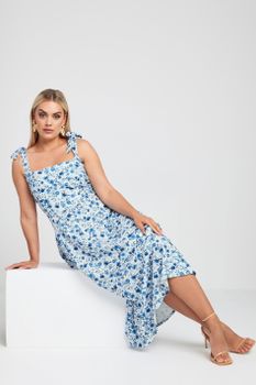 Limited Collection Vestido Largo Azul De Flores Tirantes Anudables, Mujer Curvy Y Tallas Grandes, Limited Collection