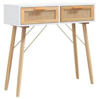mesa consola  mesa de entrada  mesa auxiliar madera pino maciza blanco ratan natural 80x30x75cm