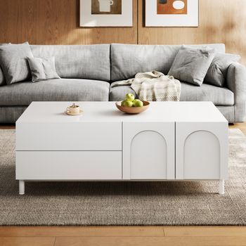 Mesa De Centro Rectangular Blanca Con Almacenaje, 100 X 50 Cm, 2 Cajones Y 2 Puertas