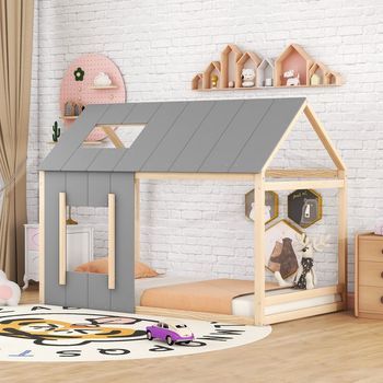 Cama Cabaña Infantil Con Techo Y Ventana 90x200 Cm Gris Y Natural