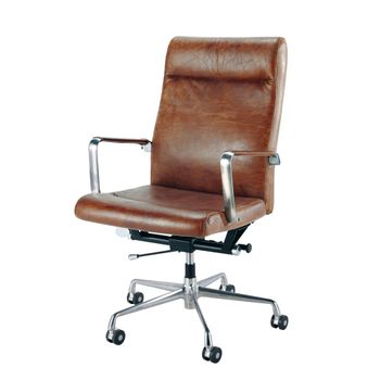 Silla de escritorio giratoria de piel marrón con ruedas
