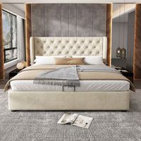 cama doble tapizada en terciopelo con cabecera orejera y grandes botones hidraulica con almacenamiento y somier de lamas beige 180x200