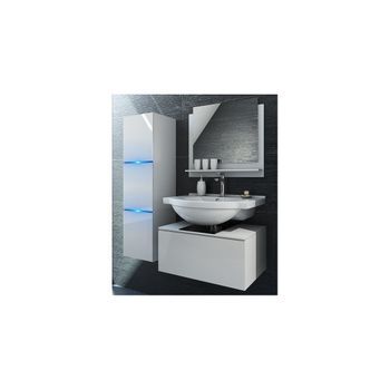 Conjunto De Muebles De Baño Blancos Colección Owl. Columna, Mueble Bajo Lavabo, Espejo, Sifón Y Luces Led.