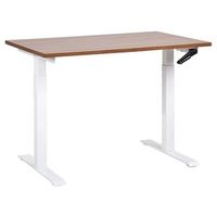 escritorio de altura regulable manualmente oficina moderna patas cuadradas  120 x 72 cm tablero madera oscura soporte de acero blanco destines