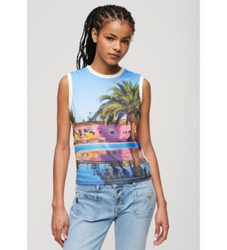 Superdry para mujer. W6011959A Camiseta de tirantes con subestampado blanco (XS), Casual, Algodón, Sin mangas / Tirantes