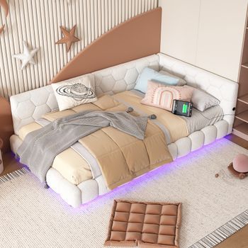 Cama Sofá De Día 90x200 Cm Con Somier De Lamas, Iluminación Led De 16 Colores, Puertos Usb-c Y Usb, Tapizado De Tela Blanca