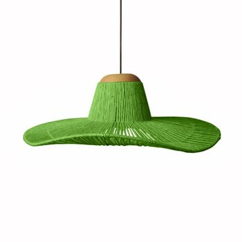 Lámpara de suspensión metal y madera natural pantalla hilo verde