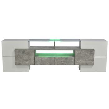 Mueble De Tv 200 Cm Blanco Brillo Y Hormigón, Mesa De Tv Con Iluminación Led Y Superficie De Cristal, Mdf