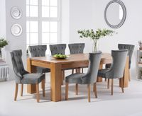 thames 220cm oak dining table with camille velvet chairs - blue 6 chairs