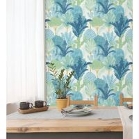papel pintado vinilico ecologico arboles y cactus color azul tropical - town forest 680809 de gaulan - rollo de 10 m x 053 m