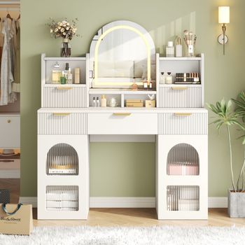 Tocador Con Espejo Led - Mueble De Dormitorio - Mdf Y Aglomerado - Blanco (120x40x139.5cm)