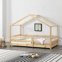 cama para ninos - 70 x 140 cm - cama infantil con somier - estructura de madera pino - en diseno de casa - con reja de seguridad - proteccion - natural encasa
