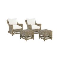 conjunto de 2 sillas de jardin de ratan natural blanco crema algodon reposapies cojines de respaldo interior ribolla