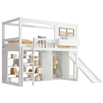 Litera Infantil Con Tobogán Y Armario, Litera De Madera Blanca 90x200 Anticaídas