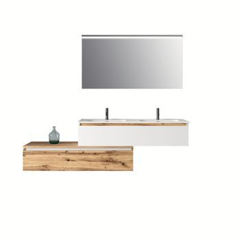 Composición Baño De Lavabo Doble Yoka En Blanco / Roble De 4 Piezas En Mdf