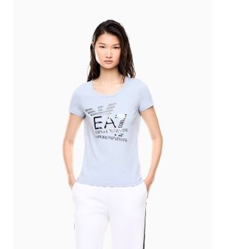EA7 para mujer. 7W000977_AF10373 Camiseta Logo Series de algodón con el logotipo de pedrería azul (XS), Casual, Manga corta