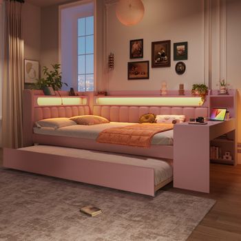 Cama Nido 140x200 Cm Con Cabecero Con Almacenaje Y Escritorio - Mdf + Contrachapado + Lino - Puertos Usb Y Led - Rosa (colchón No Incluido)