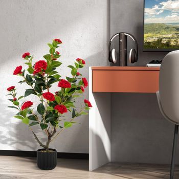 Juego De 2 Árboles De Camelia Artificial De 95 Cm Planta De Flores Falsas En Maceta De Cemento-rojo