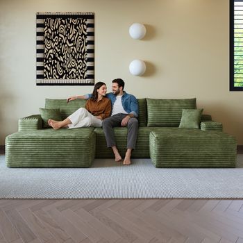 Sofá Modular Verde De 270 Cm, Rinconera En L Con Chaise Longue Y 4 Plazas