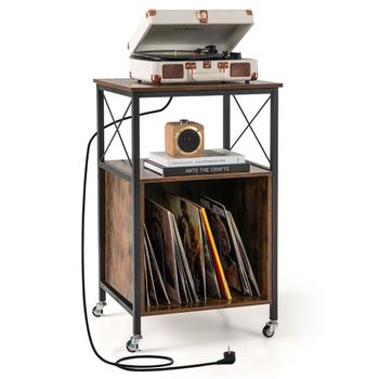 Costway Soporte para Tocadiscos Mesa Auxiliar con Estación de Carga Incorporada Gabinete de Almacenamiento para Vinilos Estante de Exhibición Marrón