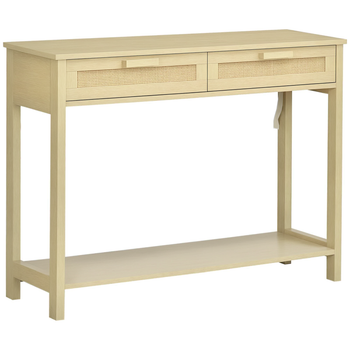 HOMCOM Mesa Consola de Entrada con 2 Cajones y Estante Inferior para Pasillo Salón Dormitorio de Estilo Cannage 100x30x76 cm Natural   Aosom España