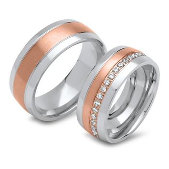 Alianzas de boda de acero inoxidable parcialmente chapadas en oro rosa