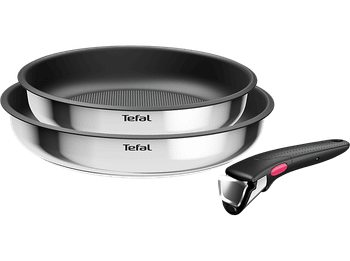 Set de sartenes - Tefal L8813S Ingenio, 2 unidades, 22/26 cm, Mango extraíble, Revestimiento titanio antiadherente, Indicador calor, Acero Inox
