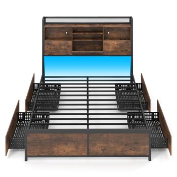 Costway Estructura Cama Plataforma Industrial Luces LED Carga Cabecero 4 Cajones Base Metálica Listones No Necesita Somier 200x140 cm