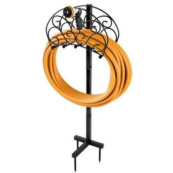 Costway Soporte para Manguera Independiente de Metal Desmontable con 3 Puntos de Anclaje Organizador de Mangueras Jardín Patio Césped Negro