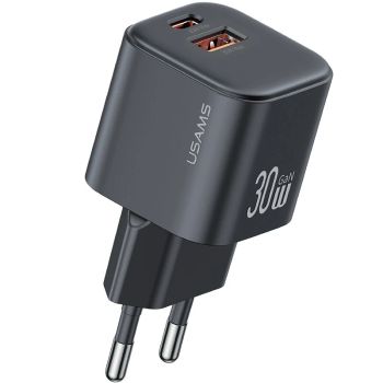 [GaN Tech] USAMS CC263 Cargador USB de 30W 2 puertos USB-A+USB-C Cargador de pared de carga rápida Enchufe EU para iPhon