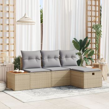 Conjunto De Sofá De Jardín De 4 Piezas Con Cojines Beige De Ratán Poliéster V8208 Unico / Beige