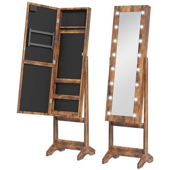 HOMCOM Armario Joyero con Espejo Regulable y Luces LED 36x30x136 cm Marrón Rústico   Aosom España