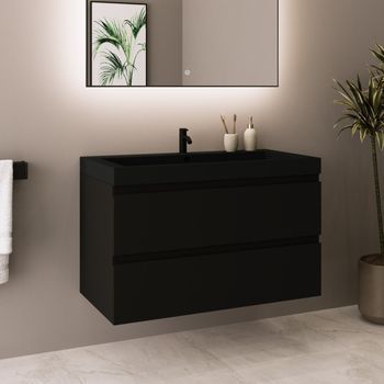 Mueble De Baño Suspendido Con Lavabo Negro 80 Cm Negro Mate Con 2 Cajones - Lomazoo Monaco