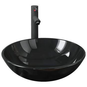 Lavabo De Baño Grifo Y Desagüe De Empuje Vidrio Templado Negro