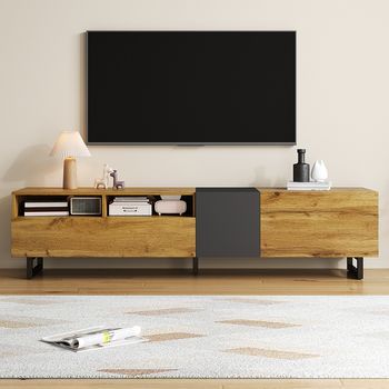 Sweiko Mueble Para Tv Color Block Diseño Sencillo Contrastado 3 Puertas + 2 Compartimentos Patas Metálicas U Vetas De Madera Retro