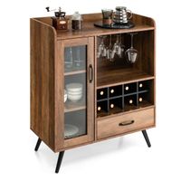 costway armario de vino gabinete de licor con puerta cajon almacenamiento estante de vino y portavasos para cocina marron bar 80 x 40 x 95 cm marron