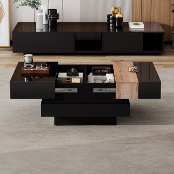 Mesa De Centro Cuadrada Extensible Con Almacenaje Oculto, 70 × 70 × 39 Cm