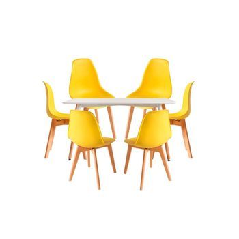 Conjunto Mesa Tower Rectangular 120 X 80 Cm Blanca Y Pack 6 Sillas Kelen - Amarillo