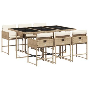 Set Comedor De Jardín 7 Piezas | Mueble De Jardín Con Cojines Ratán Sintético Beige