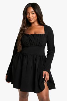 Vestido Plus Skater De Manga Larga Estilo Corsé De Bengalina, Negro