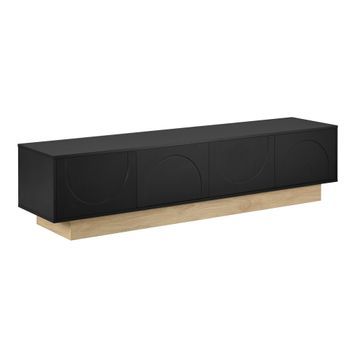 Mueble Tv Negro Mate De 175x40x41,5 Cm Con Cuatro Puertas De Relieve Curvo