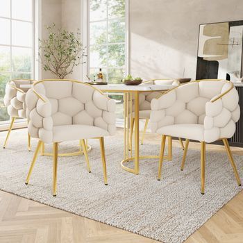 Juego De Mesa Y 4 Sillas - Comedor - Mdf, Metal Y Terciopelo - Beige Y Dorado (140x80x75cm)