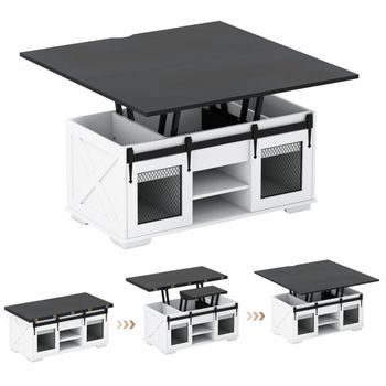 Costway Mesa de Centro Tapa Elevable Estilo Granja 2 Puertas Corredizas 3 Compartimentos Ocultos Sala Estar Panel Negro
