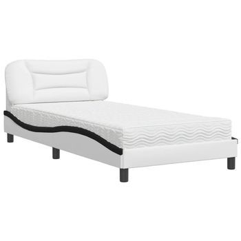 Cama Con Colchón Cuero Sintético Blanco Y Negro 100x200 Cm