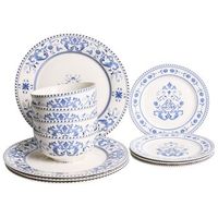 vajilla de 12 piezas de porcelana acabado esmaltado con diseno abstracto para 4 personas comedor cocina blanco y azul galangal