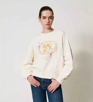 Twinset para mujer. 251TP2484 Sudadera con estampado de colibrí beige (M), Casual, Algodón